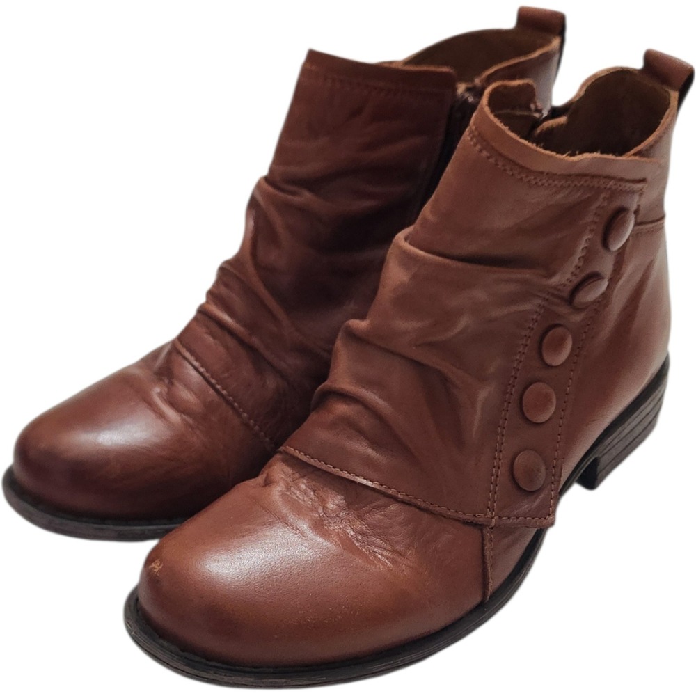 Miz Mooz Lili Brown Leather Ruched‎ Button Ankle Boots Womens 37